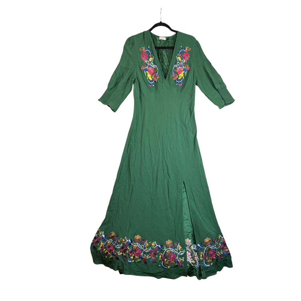 RIXO London Green Embroidered Sequin Floral Maxi Dress V-Neck XL Boho Slit